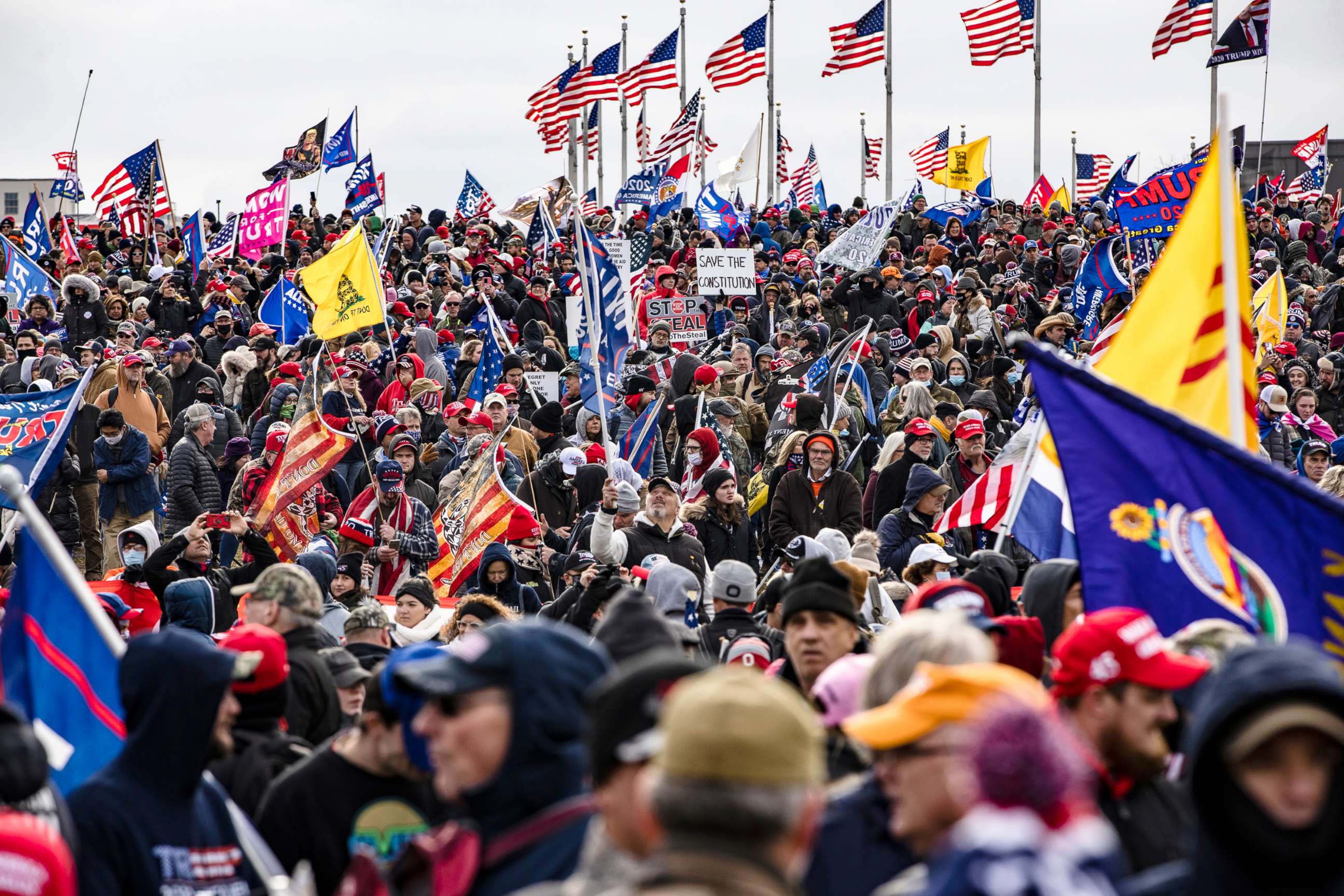Political rally reflecting mixed ideologies across the political compass